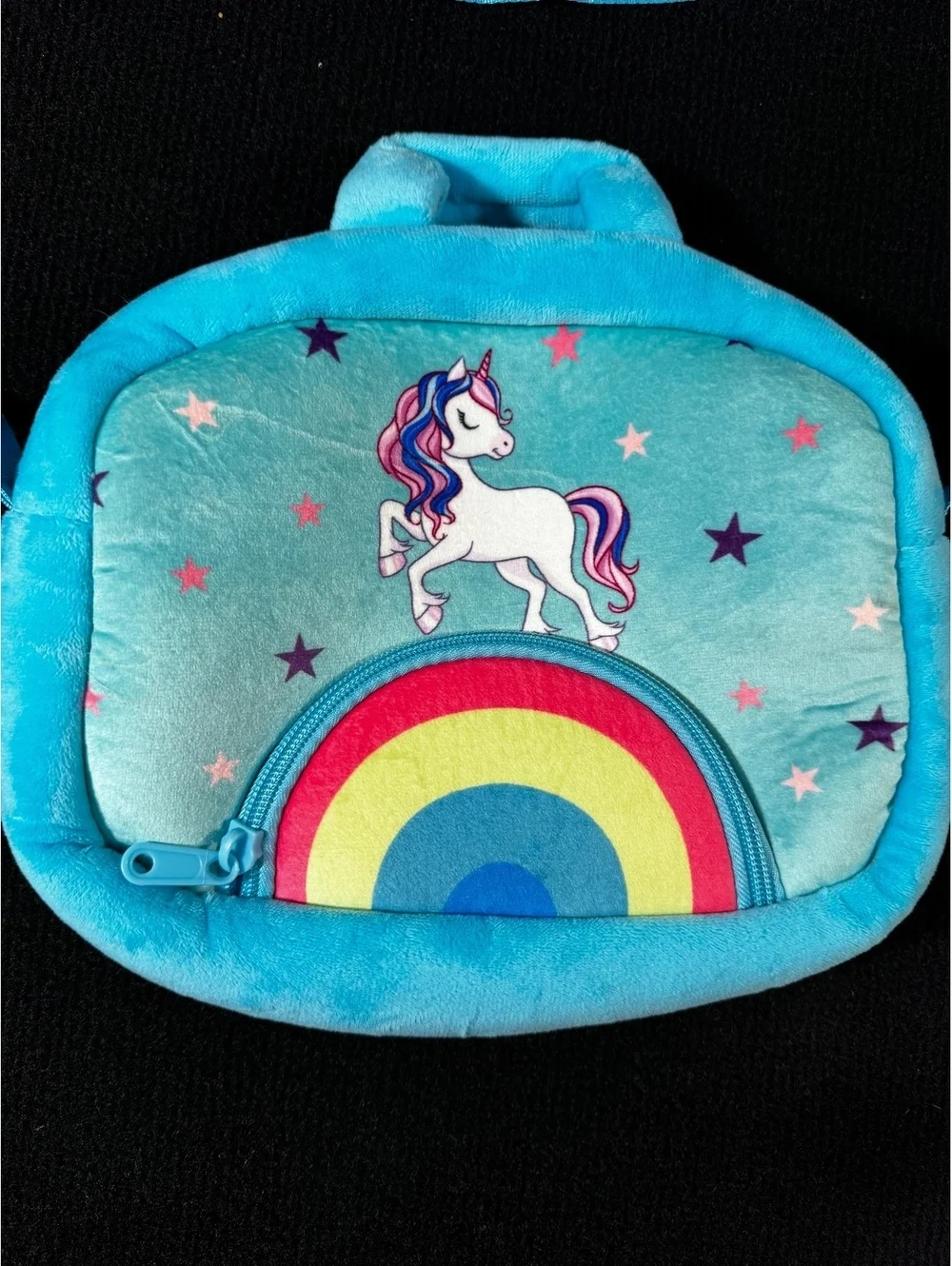 Plush Unicorn Rainbow Crossbody Shoulder Bag Kids Blue Soft Zip Purse EUC Cute